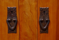 Pair hand hammered copper door pulls with quality keyed locks. (accurate replicas of the original Gustav Stickley door pulls. 